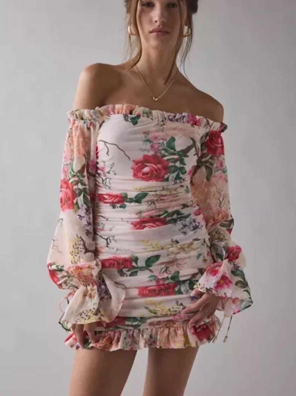 NWT AFRM Claudia Floral Mesh Off-The-
Shoulder Ruched Mini Dress